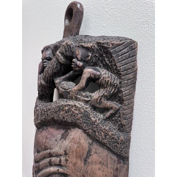 Vintage African Huge Solid Hand Carved Wood Tribal Wall Hanging Face Mask 30”. - Picture 12 of 15